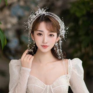 Set: Faux Crystal Mesh Wedding Headband + Fringed Earring Wedding Headband & Fringed Earring - White - One Size
