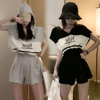 Lettering Short-sleeve Hoodie / High-waist Shorts