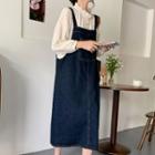 Set: Puff-sleeve Ruffled Blouse + Denim Overall Dress