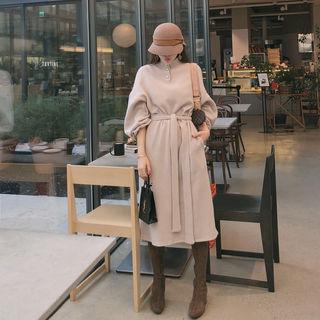 Mock-neck Wool Blend Long Knit Dress With Sash