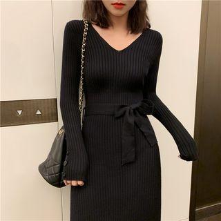 Long-sleeve Split Hem Ribbed Knit Top