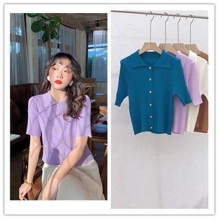 Short-sleeve Button-up Knit Top