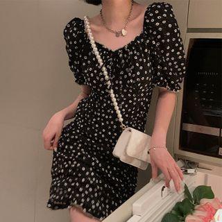 Puff-sleeve Ruffle Trim Ruched Floral Mini Dress