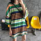 Striped 3/4-sleeve T-shirt Dress As Shown In Figure - One Size