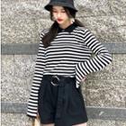 Long-sleeve Striped Collared Knit Top / Wide-leg Shorts