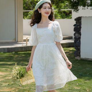 Square-neck Floral Embroidered Chiffon Midi Dress White - One Size