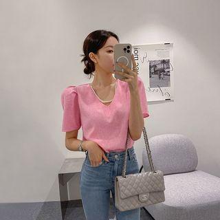 Puff-shoulder Faux-pearl Tweed Blouse