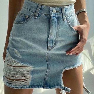 Distressed High-waist Denim Mini Skirt