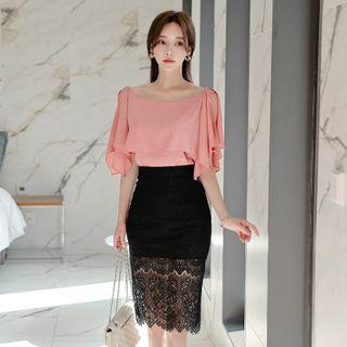 Set: Cutaway-shoulder Ruffled Top + Lace Skirt