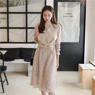 Set: V-neck Sleeveless Top With Sash + Lace Midi Dress