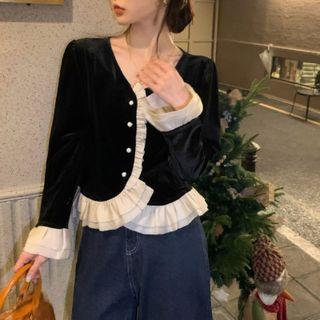 Ruffle Trim Cropped Blouse Black - One Size