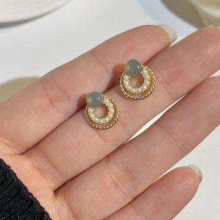 Faux Pearl Alloy Hoop Earring 1 Pair - 925 Silver Needle Earring - Grayish Green Bead - White & Gold - One Size