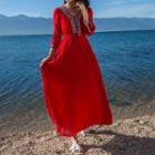 Embroidered Trim 3/4-sleeve A-line Midi Dress