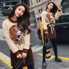 Set: Furry Trim Embroidered Pullover + A-line Skirt