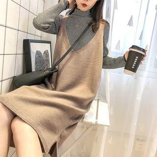 Set: Mock Turtleneck Striped Knit Top + Midi Knit Pinafore Dress