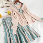 Set: Contrast Trim Knit Blouse + Striped Midi Skirt Knit Blouse & Skirt - Almond - One Size