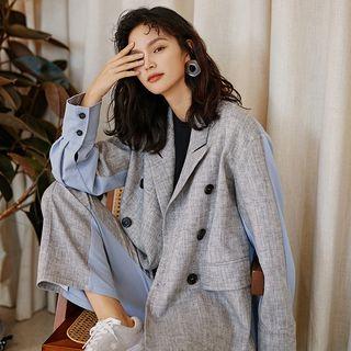 Set: Two-tone Double-breasted Blazer + Cropped Boot-cut Pants