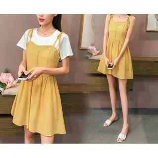 Tie-shoulder A-line Dress / Short-sleeve T-shirt / Set