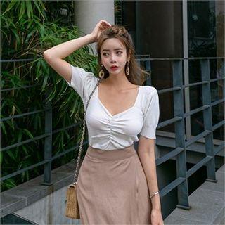 Sweetheart-neck Shirred-front Knit Top