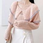 Contrast Trim Long-sleeve Knit Top Pink - One Size