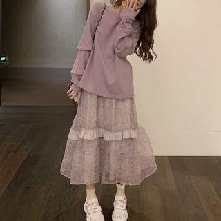 Frog Buttoned Sweatshirt / Floral Mesh A-line Midi Skirt