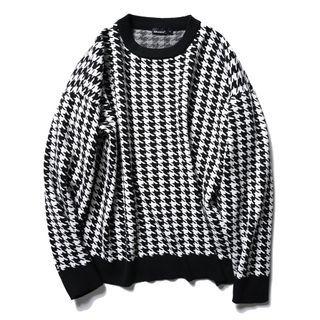 Round Neck Drop Shoulder Houndstooth Sweater