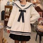 Sailor Collar Ribbon Cable Knit Sweater White - One Size