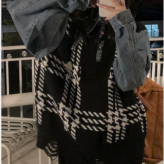 Houndstooth Panel Denim Shirt Blue & Black - One Size