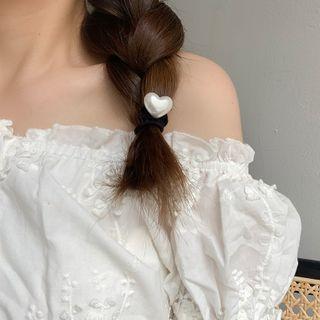 Faux Pearl Heart Hair Tie 1 Pc - Silver & Black - One Size
