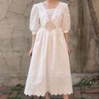 Lace Elbow-sleeve Midi A-line Dress White - One Size