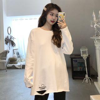 Long-sleeve Smiley Face Embroidered Ripped T-shirt
