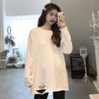 Long-sleeve Smiley Face Embroidered Ripped T-shirt