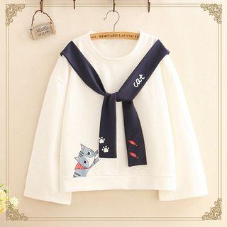 Inset Tie Cat Print Sweatshirt