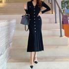 Long-sleeve V-neck Knit Mermaid Dress Black - One Size