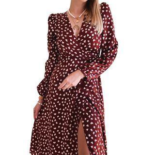 Heart Print Slit Long-sleeve Midi A-line Dress