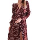 Heart Print Slit Long-sleeve Midi A-line Dress