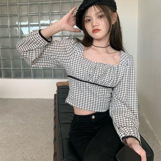 Square Neck Plaid Cropped Blouse