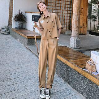 Set: Elbow-sleeve Shirt + High Waist Straight Leg Pants