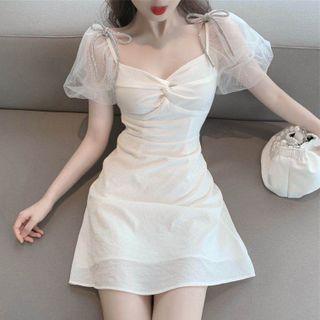 Puff-sleeve Mesh Panel Plain Dress