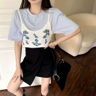 Plain Short-sleeve / Floral Sleeveless Top