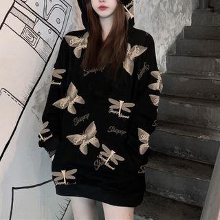 Butterfly Print Hoodie Black - One Size