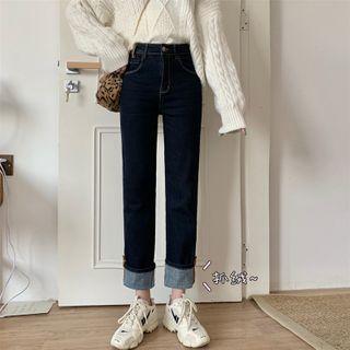 Fleece-lined High-waist Buttons Straight-cut Jeans