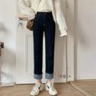 Fleece-lined High-waist Buttons Straight-cut Jeans