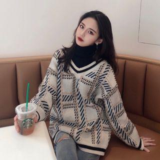 Plaid Mock Two-piece Turtleneck Sweater