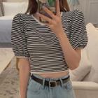 Striped Puff-sleeve Cropped T-shirt