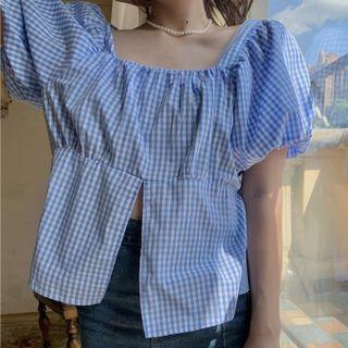 Puff-sleeve Gingham Slit Blouse