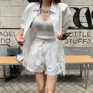 Snap-button Shirt & Drawcord Shorts Set