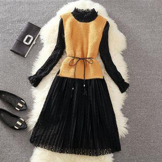 Set: Long Sleeve Lace Dress + Knit Vest