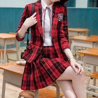 Short-sleeve Shirt / Plaid Pleated Mini A-line Skirt / Set