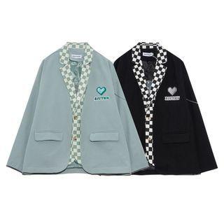 Heart Embroidered Checkered Panel Blazer